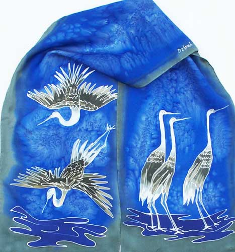 cranes on blue silk