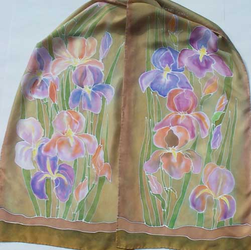 irises on brown silk